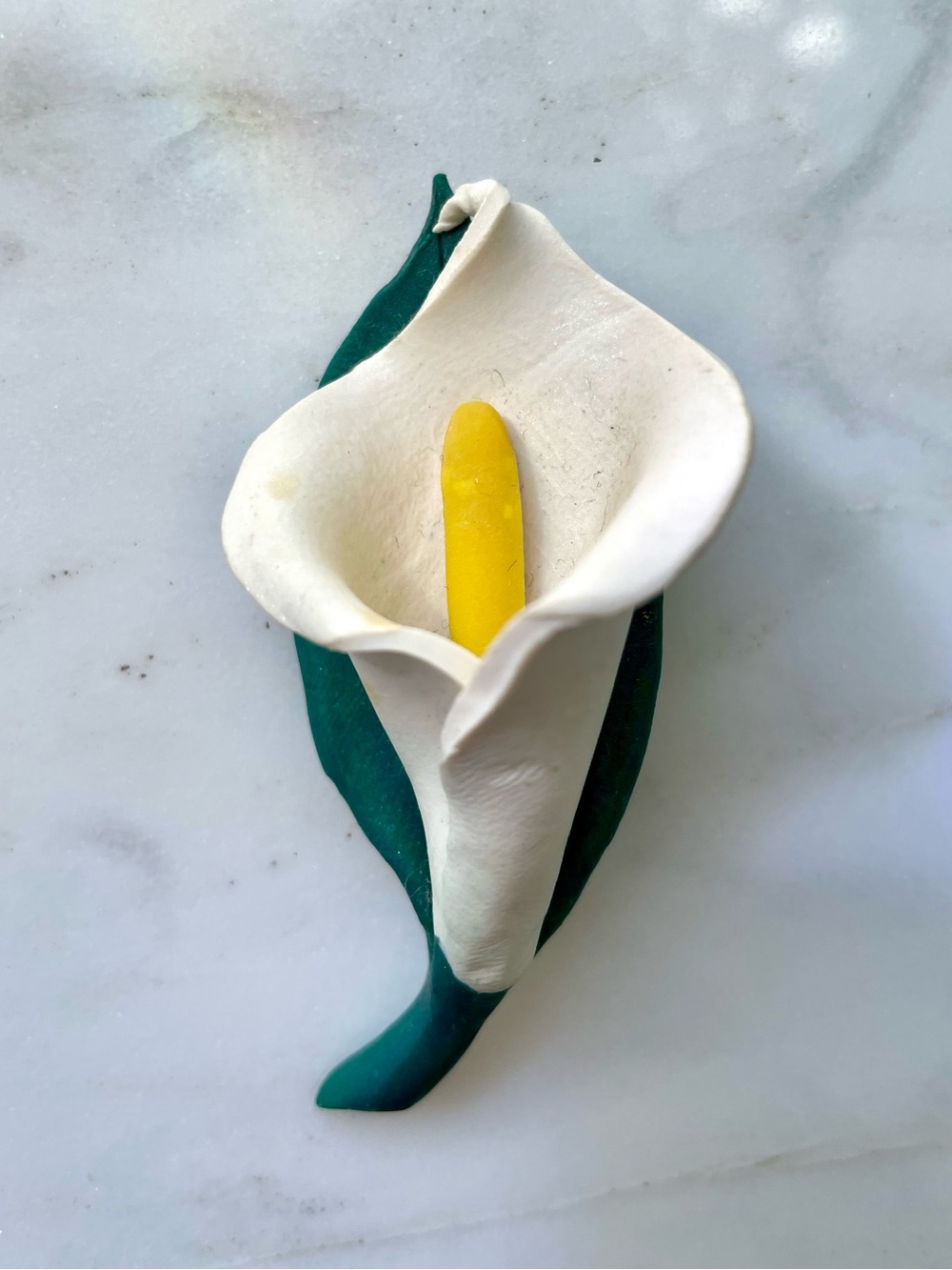 Hand Crafted White Calla Lily Brooch with Yellow Center and Green Leaf
